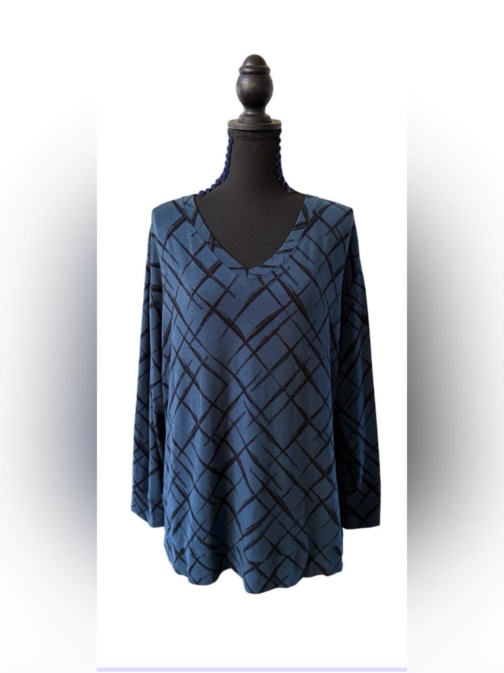 Chico's Blue and Black V-Neck Plaid Knit Top